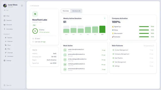 Account detail page showing health score, feature adoption, activation progress, and weekly session trends