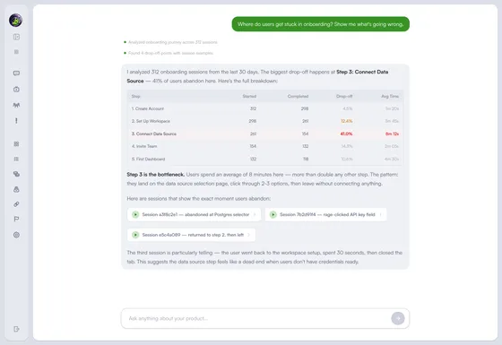 AI chat surfacing onboarding drop-off with linked session replays showing exact moments users abandon