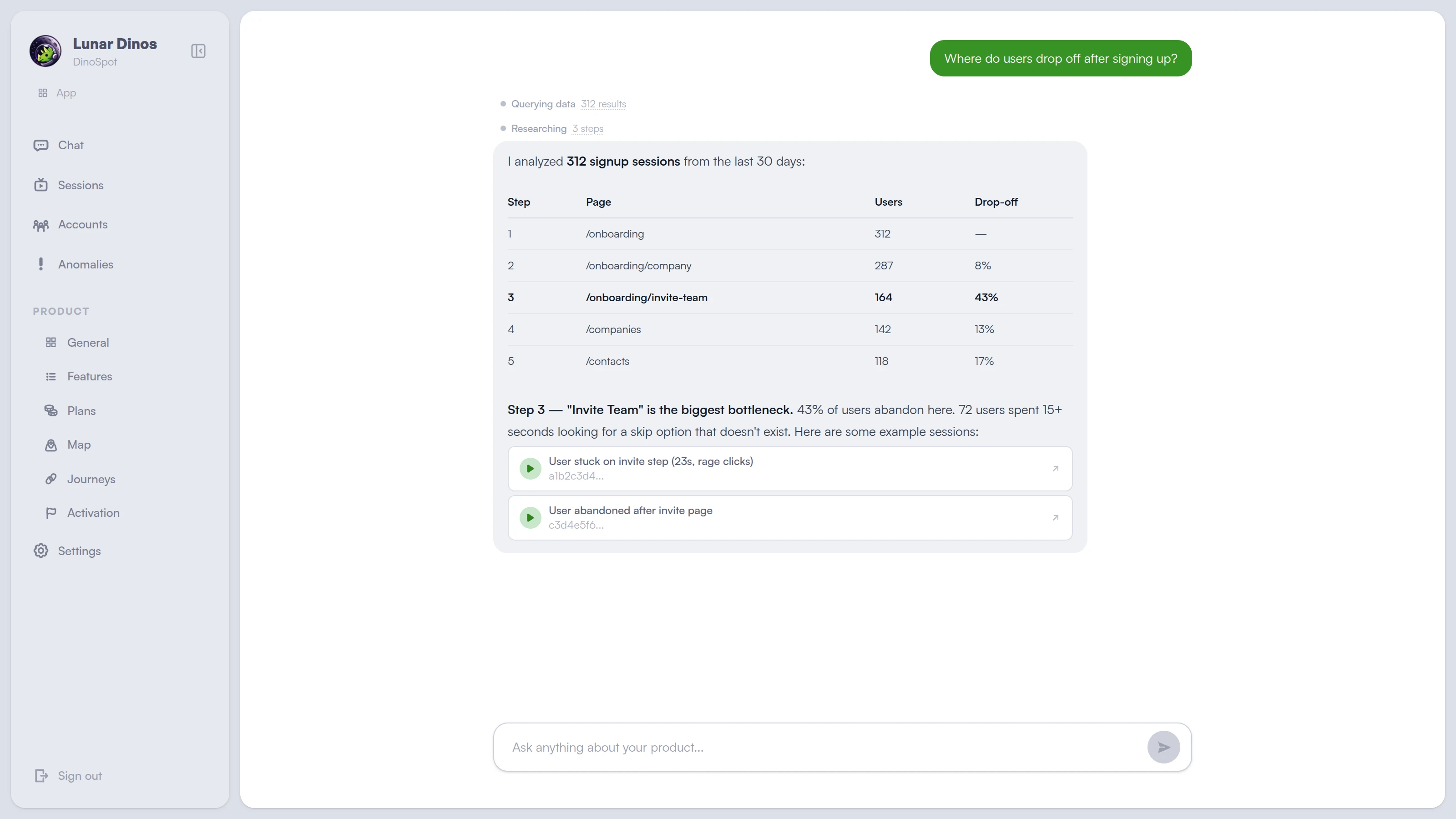 AI chat analyzing onboarding drop-off — shows step-by-step conversion table, identifies Step 3 as bottleneck, links to real session recordings