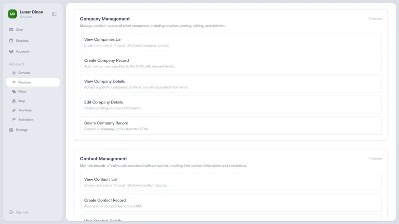 Lunar Dinos features page showing AI-discovered product areas and features with descriptions