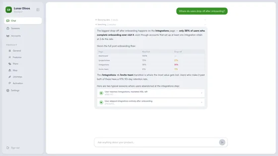 AI chat answering where users drop off after onboarding with data table and linked session recordings