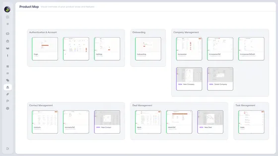 Interactive product graph showing real navigation flows between pages and modals