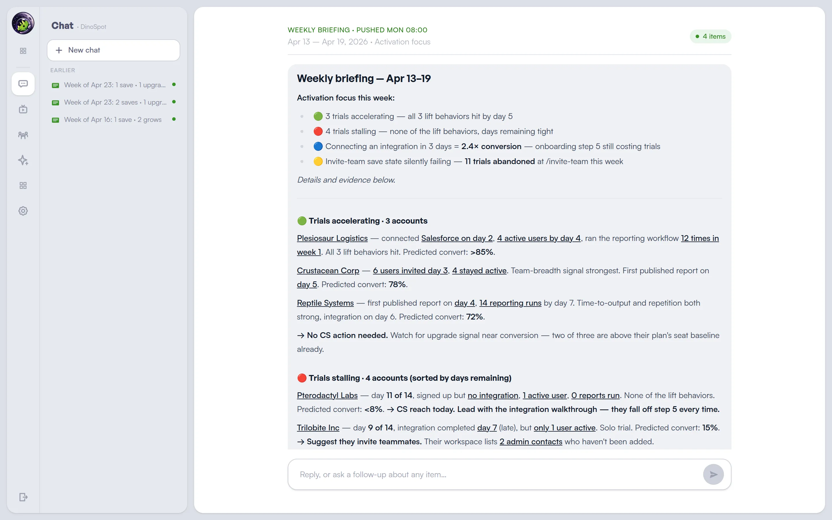 The Monday activation briefing in Lunar Dinos: 3 trials accelerating with all lift behaviors hit, 4 trials stalling sorted by days remaining, the integration-in-3-days insight worth 2.4× conversion, and an invite-team save-state failure costing 11 trials this week.