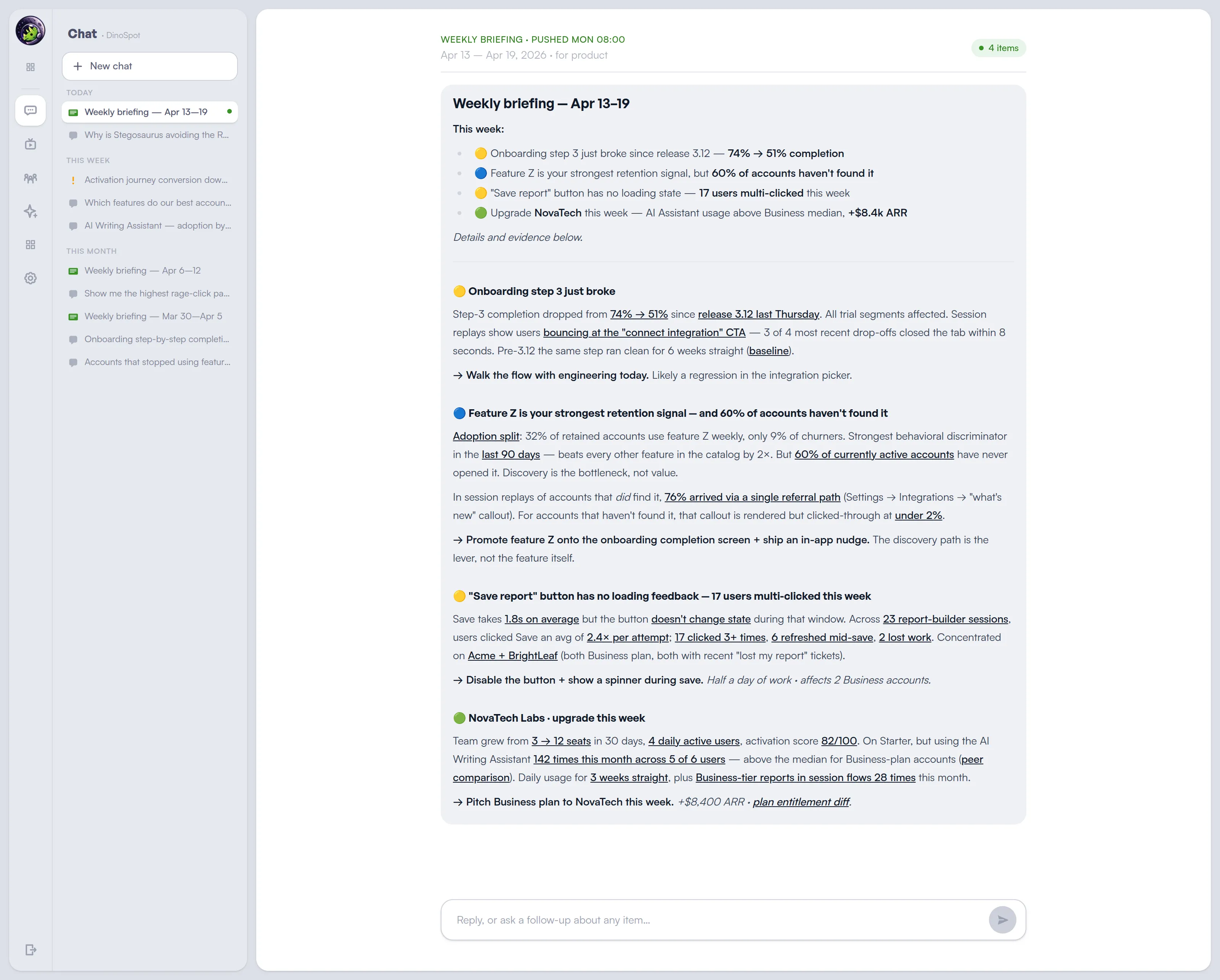 The Monday briefing in Lunar Dinos for product teams: a TL;DR with friction patterns and retention signals, followed by expanded items with inline evidence links and specific PM/PMM next steps.